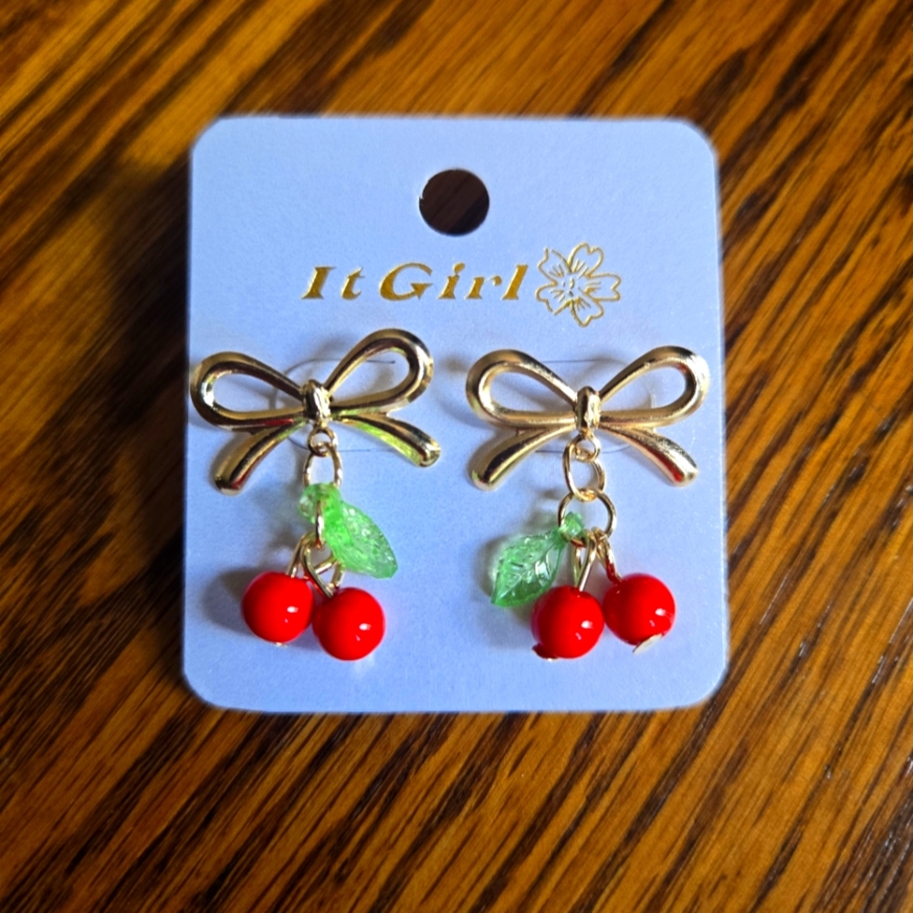 Gold Cherry Bow Earrings